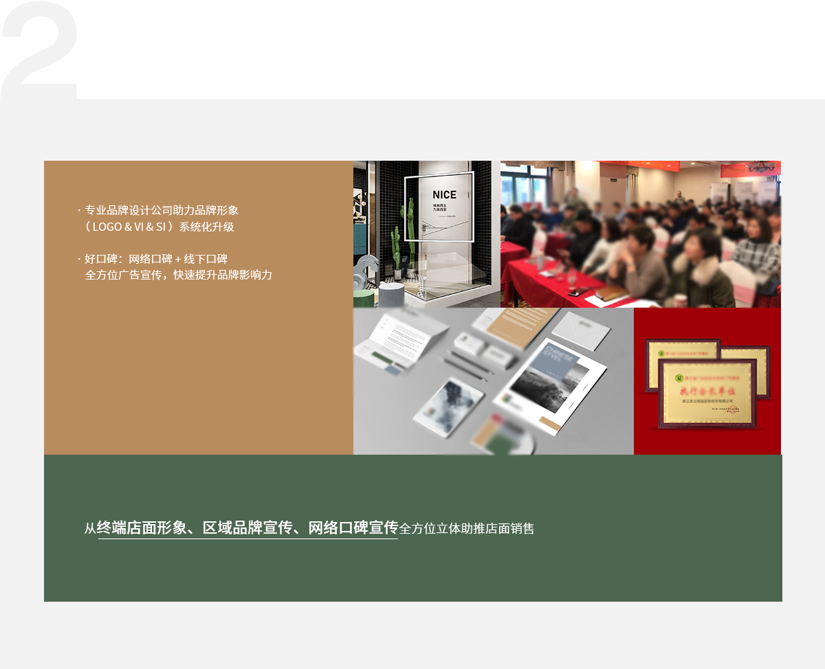 好品牌是经销商赚大钱前提,· 专业品牌设计公司助力品牌形象（ LOGO & VI & SI ）系统化升级,· 好口碑：网络口碑 + 线下口碑全方位广告宣传，快速提升品牌影响力,· 和君智业专业营销团队助力店面管理&盈利,· 浙江省林科院、尚师爷广告策划供应链体系、中国门窗网长期战略合作,· 浙江省生态木门协会执行会长单位、原创设计奖更具投资价值品牌、中国木质门金奖,从终端店面形象、区域品牌宣传、网络口碑宣传全方位立体助推店面销售